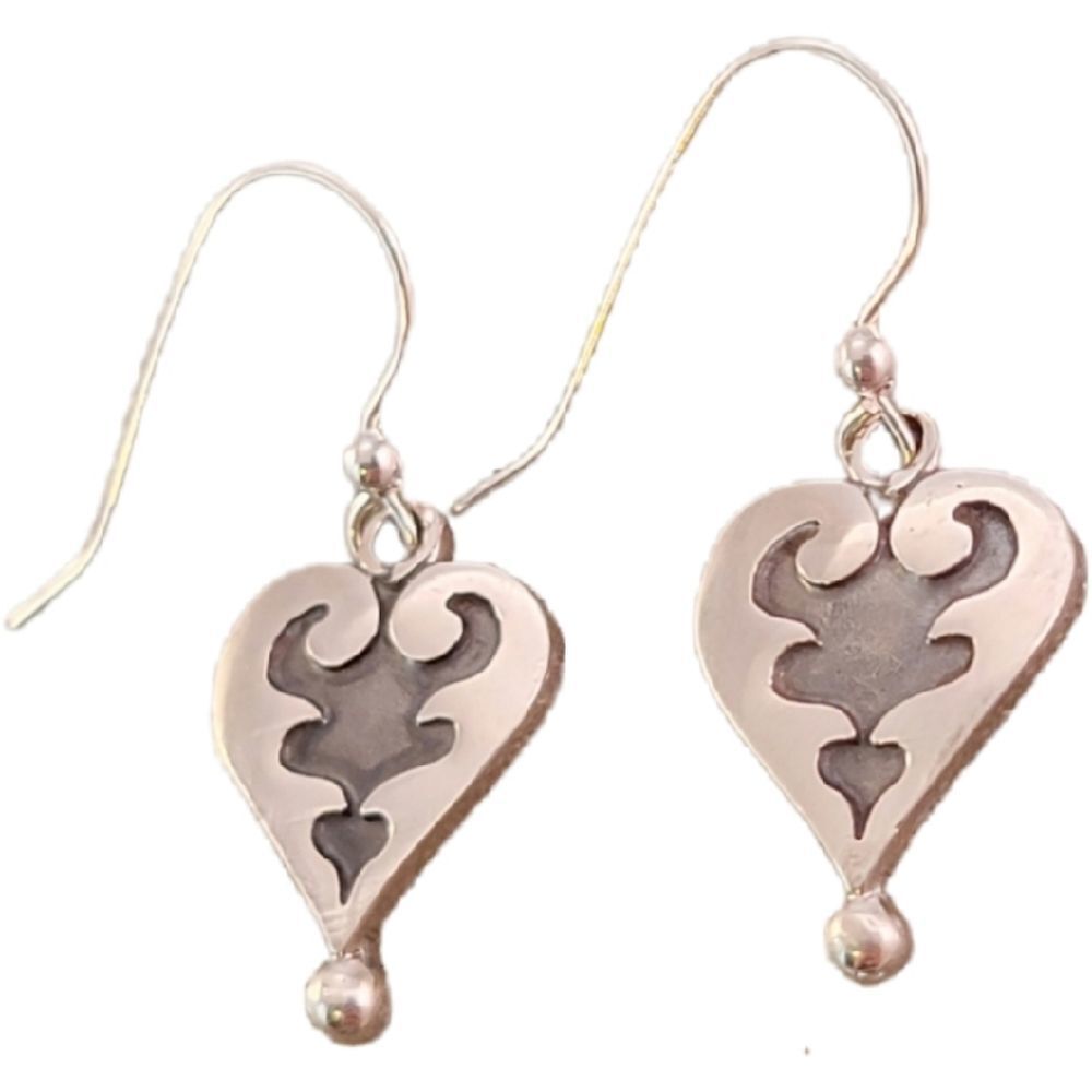 Sterling Artisan Scroll Niello Antiqued Heart Drop Earrings